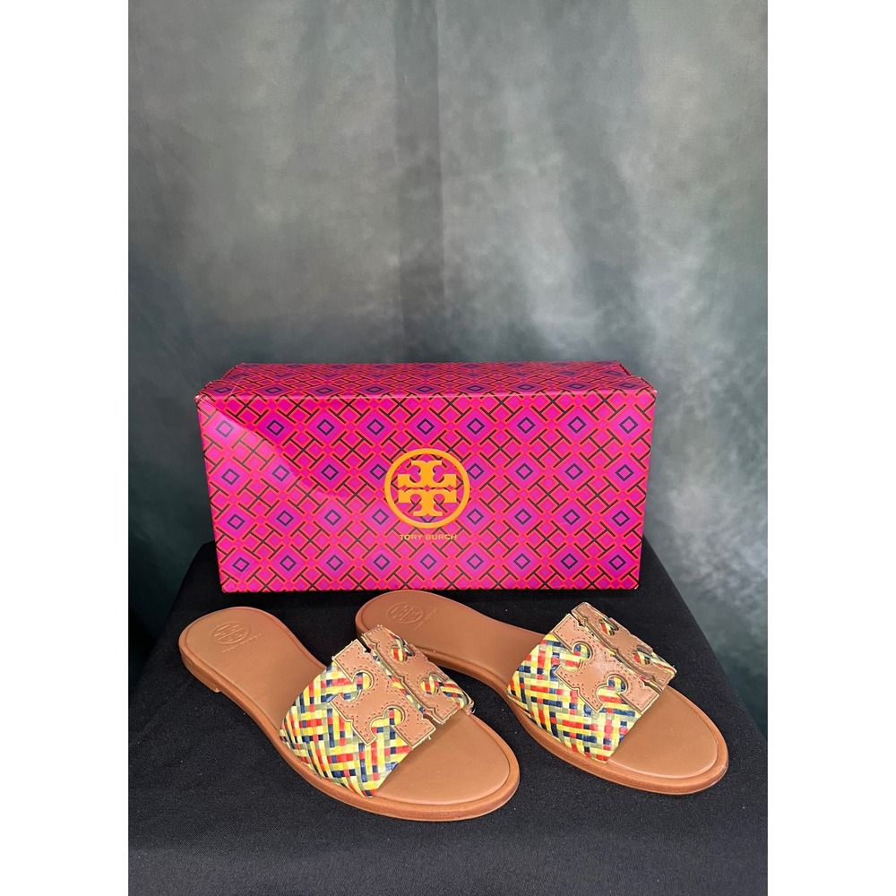Tory Burch‎ Ines Raffia Slide Sandals Women's 8 with Box – Multicolor Woven